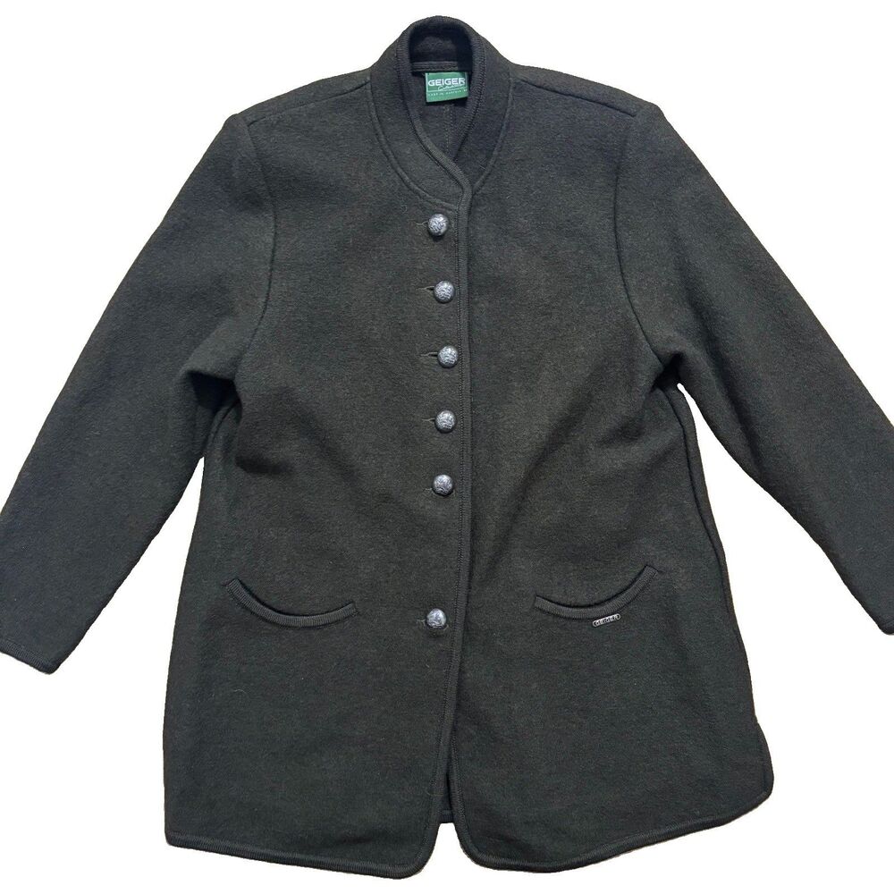 GEIGER Austria Boiled Wool Coat EU 36 US Small Olive Green Jacket Button Vintage